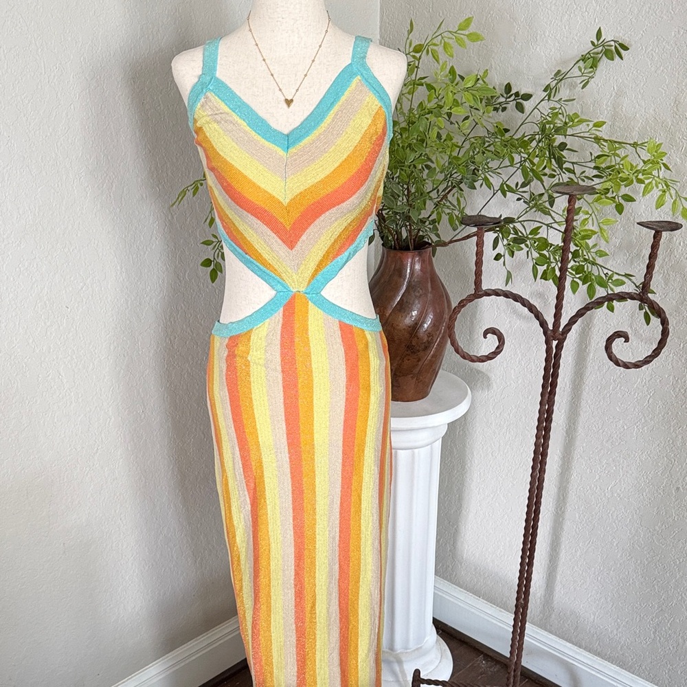 Altar'd State Orange and Yellow Striped Midi Dress